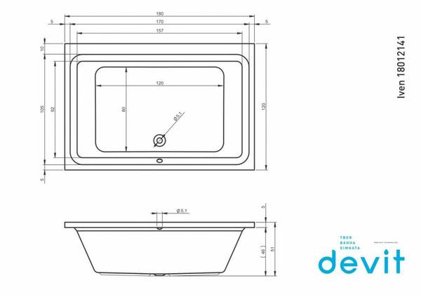 Ванна акриловая Devit Iven 18012141 180х120 см с ножками, фото 2