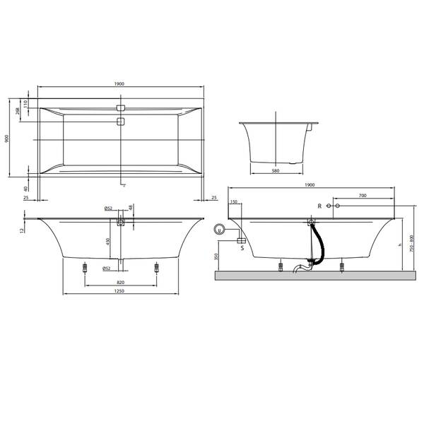 Ванна кварилова Villeroy&Boch SQUARO EDGE uBQ190SQE2DV-01 190х90 см, фото 2