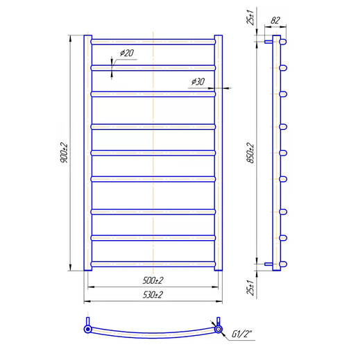 Рушникосушарка водяна Mario Класік 900х530/500 900х530 мм полірована нержавіюча сталь, фото 2
