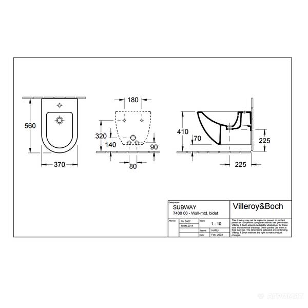 Биде подвесное Villeroy&Boch Subway 740000R1 с покрытием CeramicPlus, фото 2