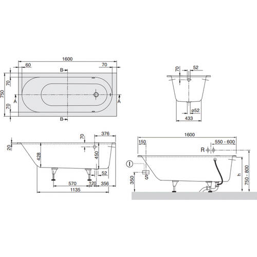 Ванная квариловая Villeroy&Boch Oberon uBQ160OBE2V-01 160х75 см с ножками, фото 2