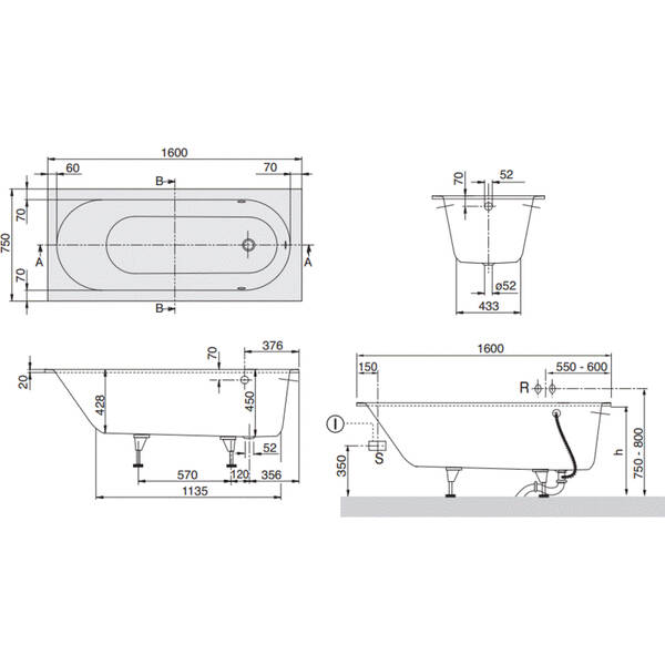 Ванная квариловая Villeroy&Boch Oberon uBQ160OBE2V-01 160х75 см с ножками, фото 2