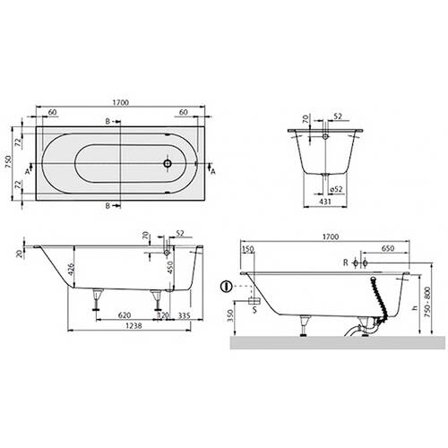 Ванна кварилова Villeroy&Boch Oberon BQ170OBE2V-01 170х75 см з ніжками, фото 2