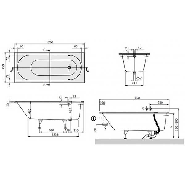 Ванна кварилова Villeroy&Boch Oberon BQ170OBE2V-01 170х75 см з ніжками, фото 2