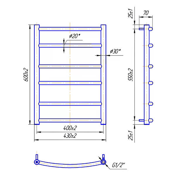 Рушникосушарка водяна Mario Класік 600х430/400 600х430 мм полірована нержавіюча сталь, фото 2