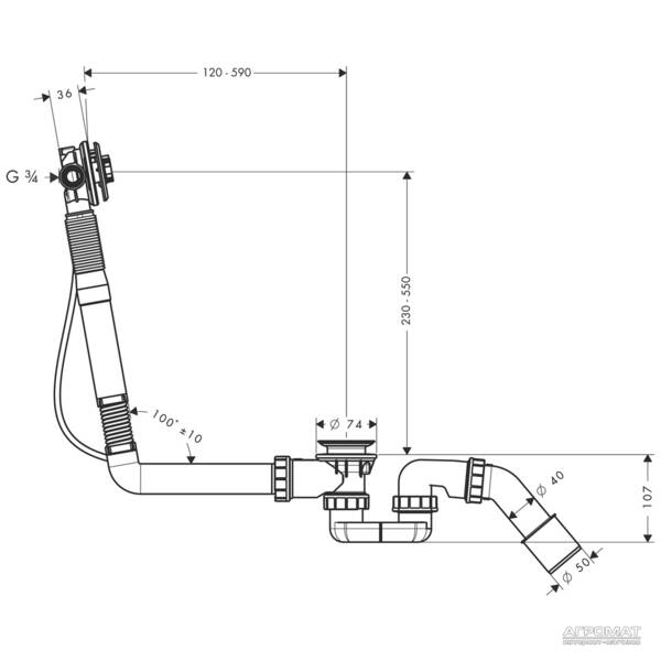 Сифон для ванни Hansgrohe Exafill 58116180 подовжений для нестандартних ванн, фото 2