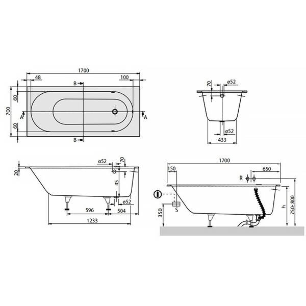 Ванна кварилова Villeroy&Boch Oberon uBQ177OBE2V-01 170х70 см з ніжками, фото 2