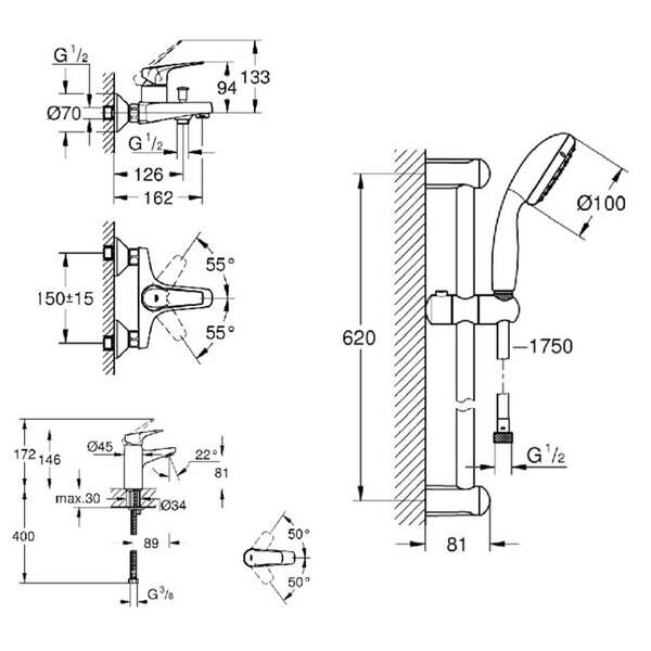 Набір змішувачів для ванної Grohe Bau Flow 121624 S (3 в 1), фото 2