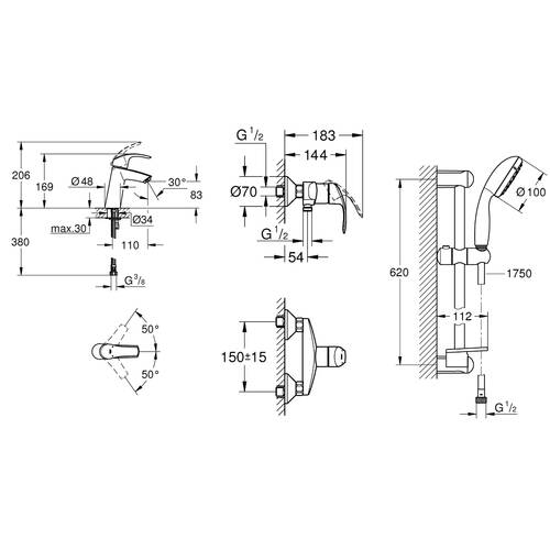 Набір змішувачів для душу та раковини Grohe M Eurosmart 123244, фото 2