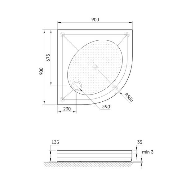 Душевой поддон из искусственного камня Paa ART RO 90 R550 DPARTRO90R550W/00 90х90см 1/4 круга белый глянец, фото 2