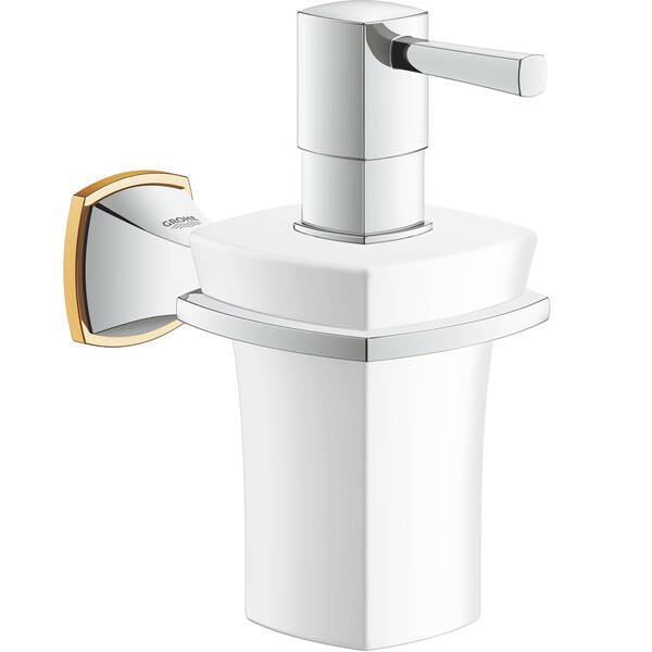 Дозатор для рідкого мила Grohe Grandera 40627IG0 з тримачем, хром/золото, фото 1