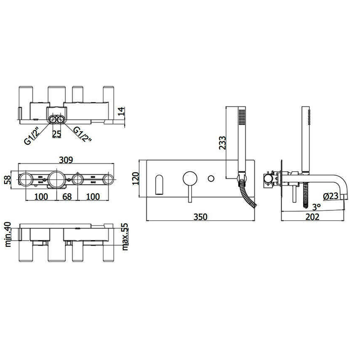 LIG001ST LIGHT Змішувач для ванни з ручним душем, steel looking (1 сорт)