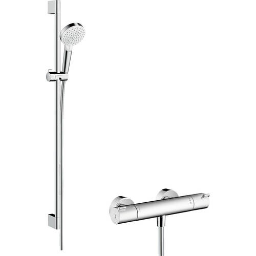 Змішувач для душу термостатичний Hansgrohe Ecostat 1001 CL Crometta Vario 27813400 з душовим набором і штангою, білий/хром, фото 1