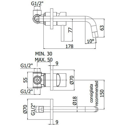 Смеситель скрытого монтажа для раковины Paffoni Light LIG006ST70 излив 178 мм, цвет - сталь, фото 2