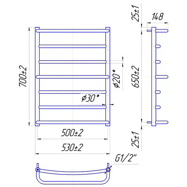 Рушникосушарка водяна Mario Люкс 700х530/500 700х530 мм полірована нержавіюча сталь, фото 2
