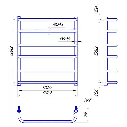 Рушникосушарка водяна Mario Стандарт 600х530/500 600х530 мм полірована нержавіюча сталь, фото 2