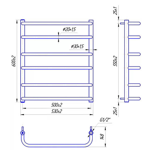 Рушникосушарка водяна Mario Стандарт 600х530/500 600х530 мм полірована нержавіюча сталь, фото 2