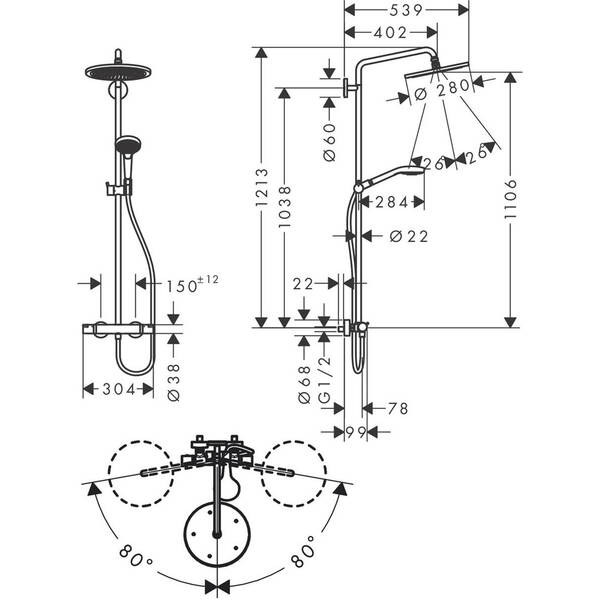 Душевая система Hansgrohe Croma Select S 26890140 Showerpipe 280 1jet с термостатом, бронза, фото 2