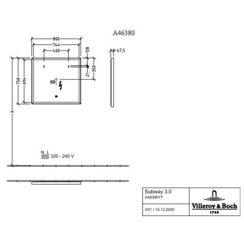 Дзеркало Villeroy & Boch Subway 3.0 A4638000 з LED підсвічуванням 80x75 см, фото 3