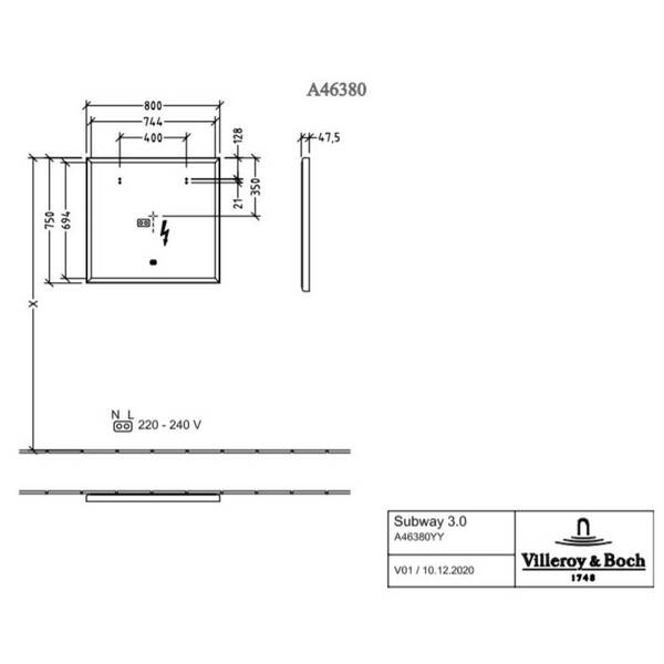 Дзеркало Villeroy & Boch Subway 3.0 A4638000 з LED підсвічуванням 80x75 см, фото 3
