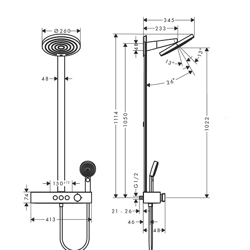 24240000 HG Pulsify Showerpipe 260 Душова система (верхній душ, ручний душ, термостат, душова стійка, шланг), хром (1 сорт)