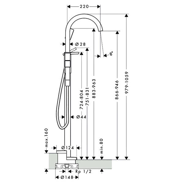 Змішувач для ванни Axor One 48440820 підлоговий, нікель матовий, фото 2