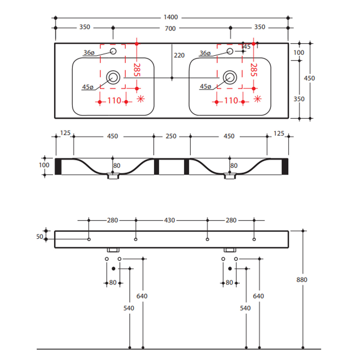 3536 01 Cento раковина 140x45 з 2 отв, білий (1 сорт)