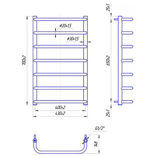 Рушникосушарка водяна Mario Стандарт 700х430/400 700х430 мм полірована нержавіюча сталь, фото 2