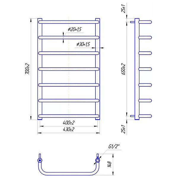 Рушникосушарка водяна Mario Стандарт 700х430/400 700х430 мм полірована нержавіюча сталь, фото 2