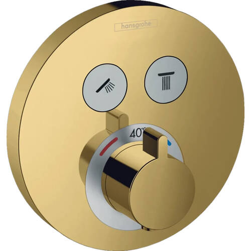 Змішувач прихованого монтажу для душу Hansgrohe ShowerSelect S 15743990 з термостатом, на 2 споживачі, поліроване золото, фото 1