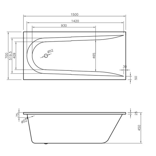 Ванна акриловая VAYER Boomerang 150x70 см усиленный борт с ножками WBW001, фото 4