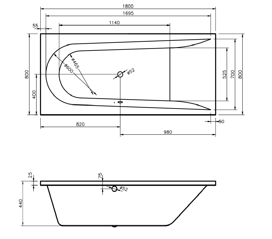 Ванна Boomerang 1800x800 посилений борт, з ніжками, злив по центру (1 сорт)