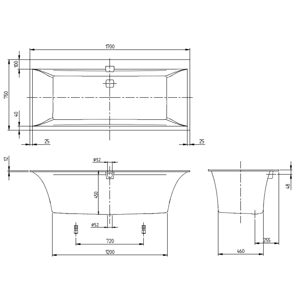 uBQ170SQE2DV-RW SQUARO EDGE 12 Ванна 170х75см, білий мат (1 сорт)