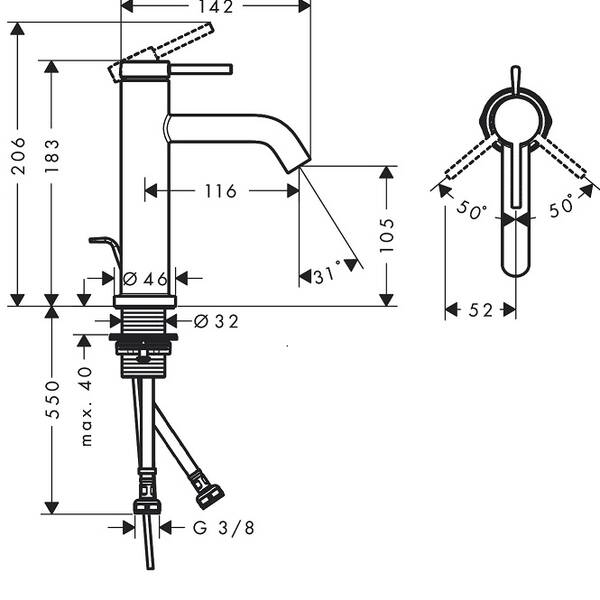 Смеситель для раковины Hansgrohe Tecturis S 73310670 с донным клапаном, черный матовый, фото 2