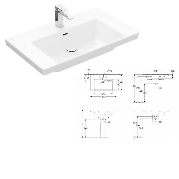 Тумба з раковиною Villeroy&Boch Subway 3.0 C57400VE + 4A708001, 80 см білий глянець, фото 3