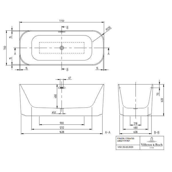 Ванна кварилова Villeroy&Boch Finion UBQ177FIN7N100V4-01 170х70 см, фото 4