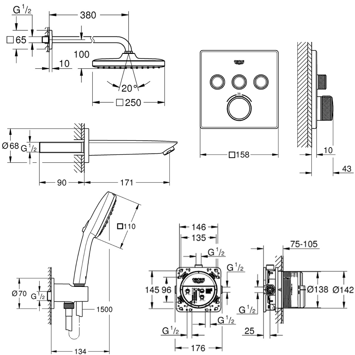 UA26415SC6 Grohtherm SmartControl Набір для комплектації душу, 3 споживачі (1 сорт)