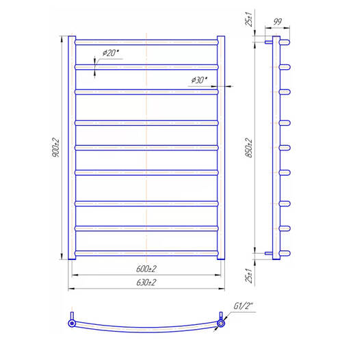 Полотенцесушитель водяной Mario Классик 900х630/600 900х630 мм бронза глянец, фото 2
