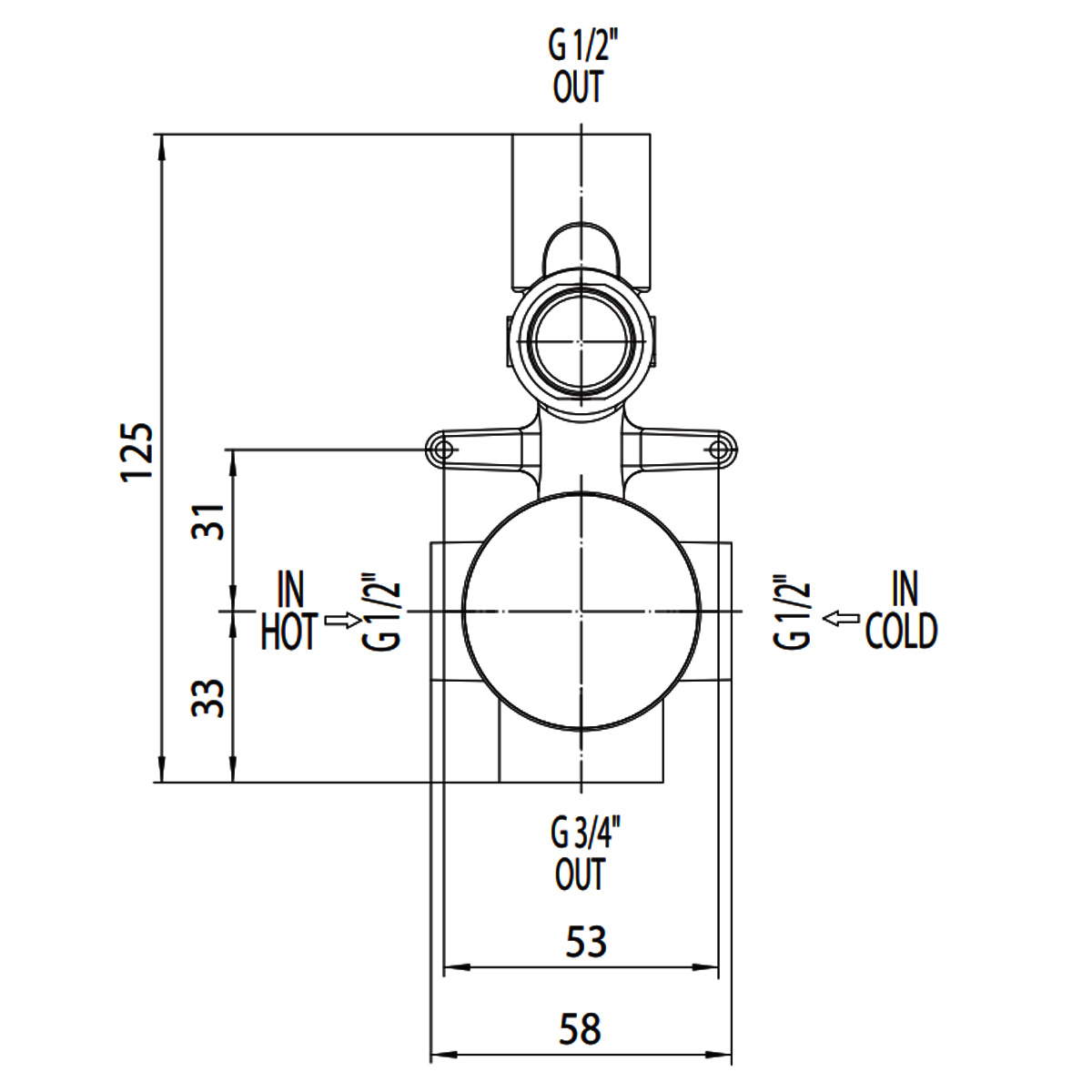 Z00005000000005 Внутрішня частина змішувача на 2 виходи, 1/2” і 3/4” (1 сорт)