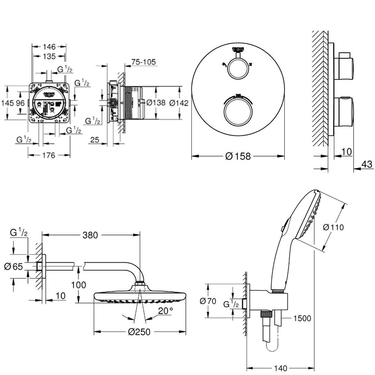 UA26415SC9 Grohtherm Термостатичний набір для комплектації душа, 2 споживачі, чорний матовий (1 сорт)