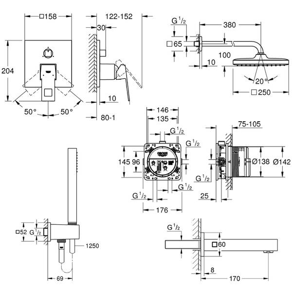 Душевая система скрытого монтажа Grohe Eurocube Tempesta Cube 250 UA26417SC2 на 3 потребителя, фото 2