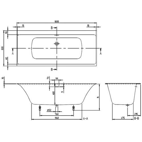 Ванна кварилова Villeroy&Boch Subway 3.0 UBQ180SBW2DV-RW 180х80 см з ніжками, білий матовий, фото 3