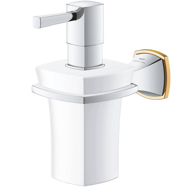 Дозатор для рідкого мила Grohe Grandera 40910IG0 з тримачем, хром/золото, фото 3