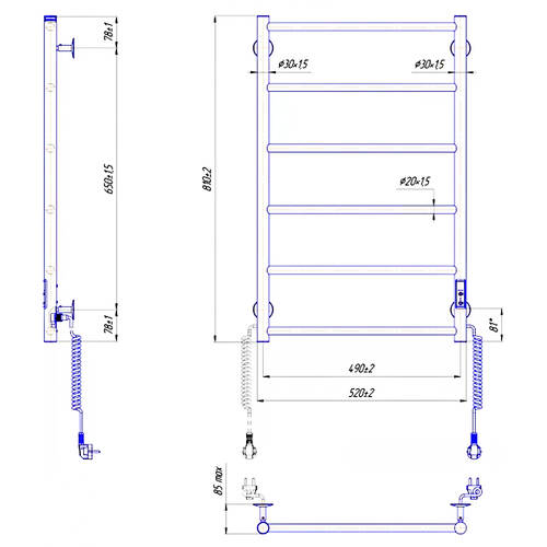 Полотенцесушитель электрический Mario Классик F НР-I 800х530/75 TR K 810х520 мм сатин 100 Вт, фото 3