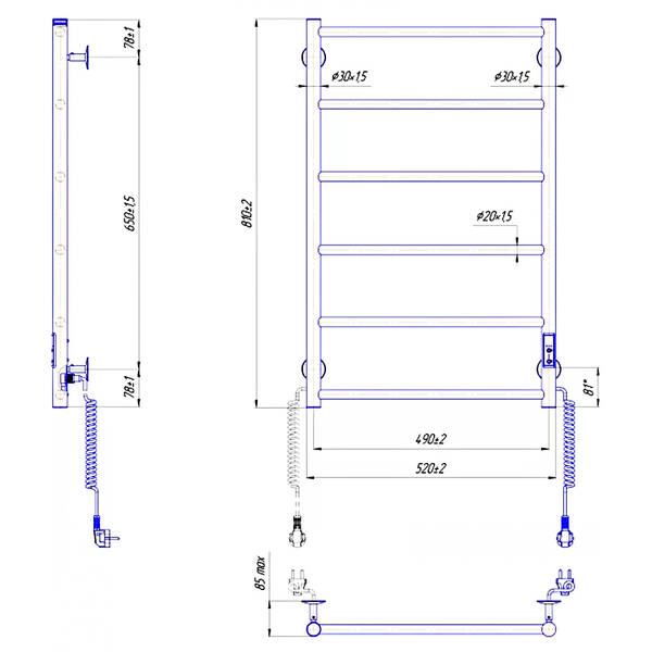 Полотенцесушитель электрический Mario Классик F НР-I 800х530/75 TR K 810х520 мм сатин 100 Вт, фото 3