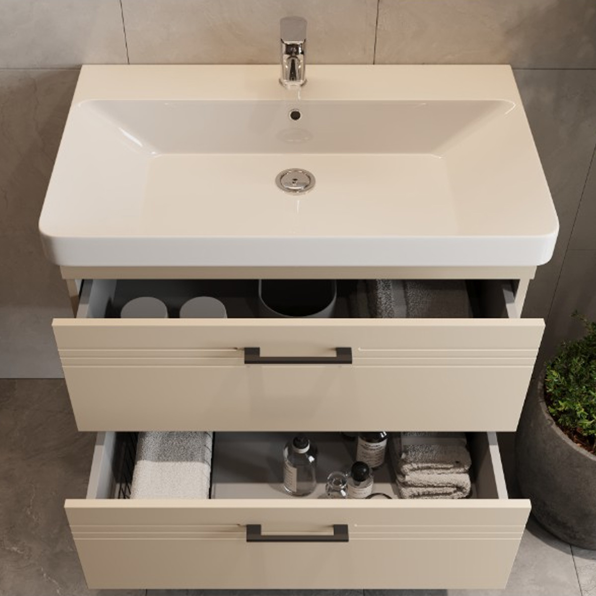 454060BE Urbanis Тумба 60 см з раковиною та чорними ручками, бежева (1 сорт)