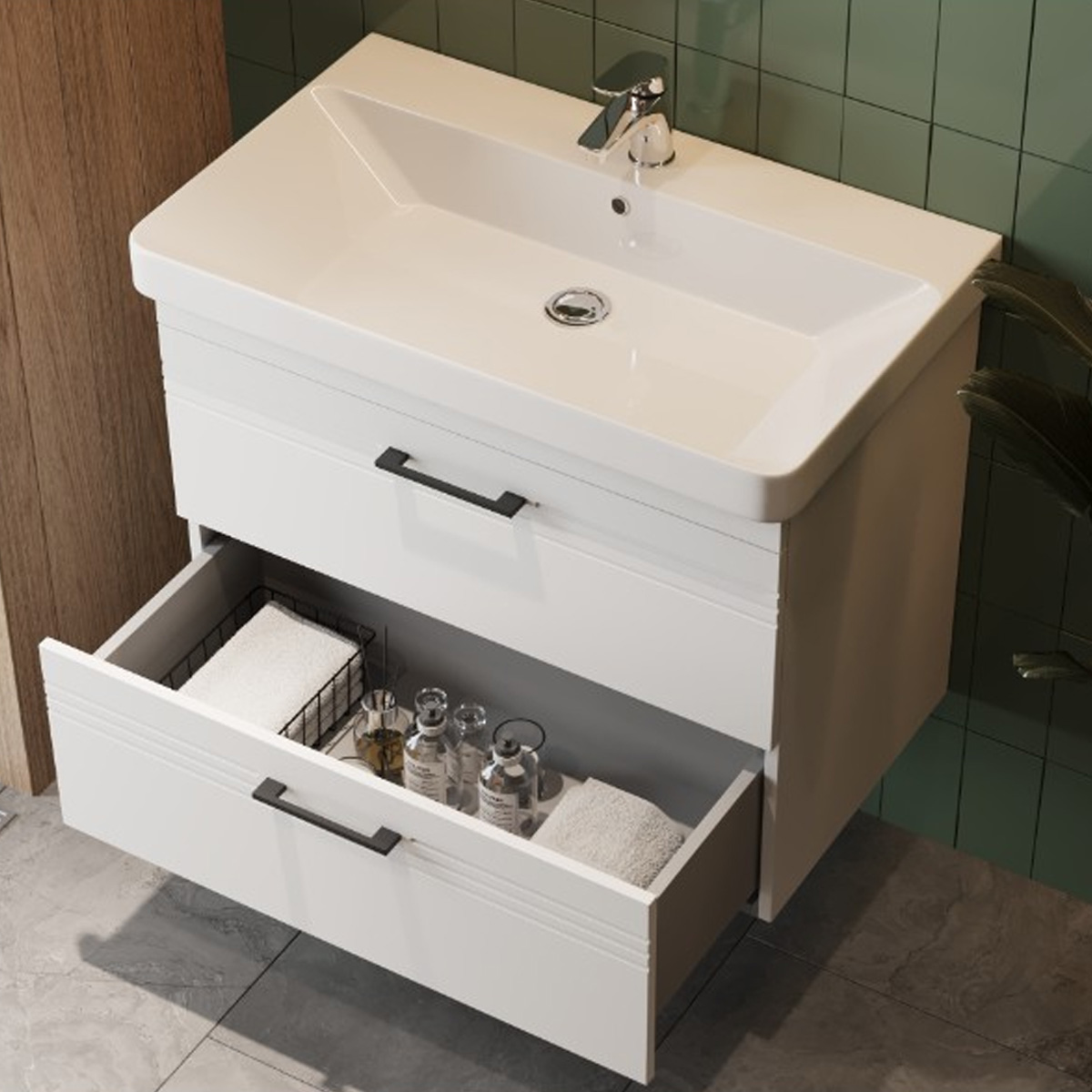 454060W Urbanis Тумба 60 см з раковиною та чорними ручками, біла (1 сорт)