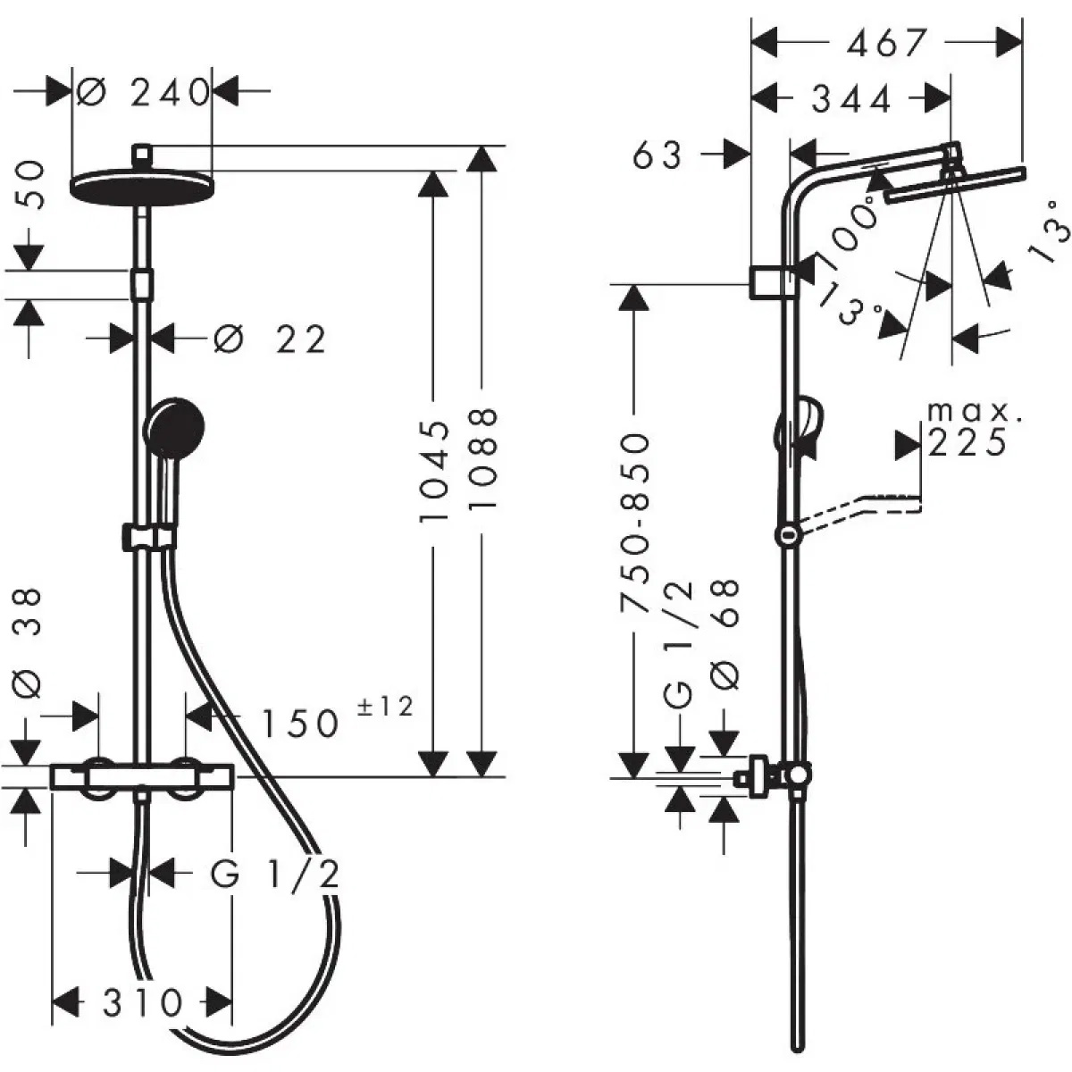28078670 HG Activera S Душова система Showerpipe 240 1jet EcoSmart з Ecostat Fine Varia, чорний матовий (1 сорт)