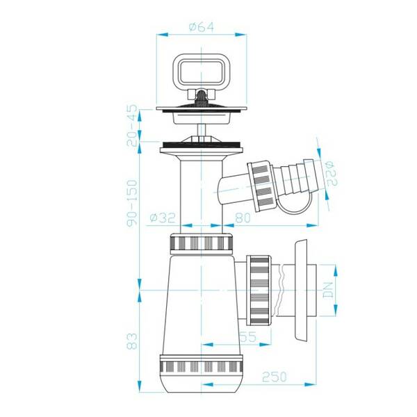 Cифон для раковины Devit DV1N332 пластиковый с накладкой и выходом для стиральных машин, выпуск 32 мм, хром, фото 2