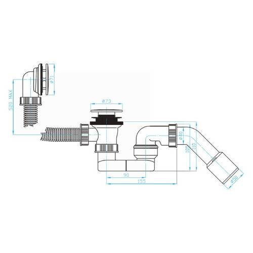 Сифон для ванны Devit DVKO14140, click-clack, колено 45' с накладкой, длина 550мм, фото 2